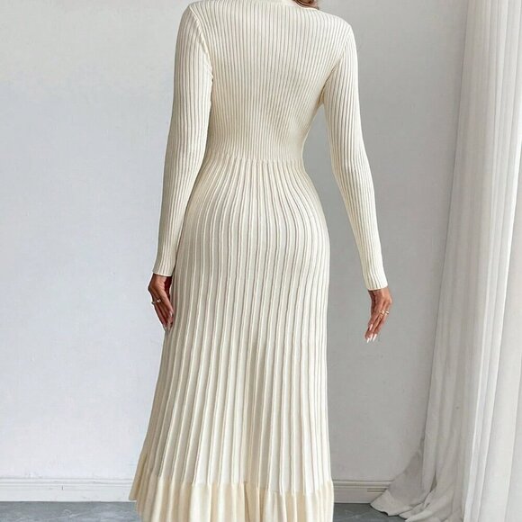 Apricot Elegant Women's V-Neck Long Sleeve Buttoned Pleated A-Line Sweater Dress - Picture 2 of 6